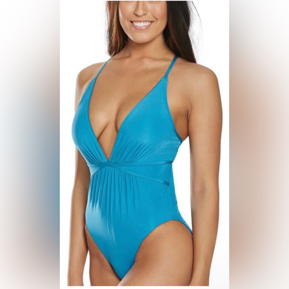 BCBG MAXAZRIA Core Solids Plunge One Piece Swimsuit 10 Teal